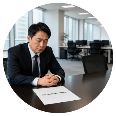 誰もいないオフィスや面接席で、求人票を見つめながら落ち込んでいる社長
